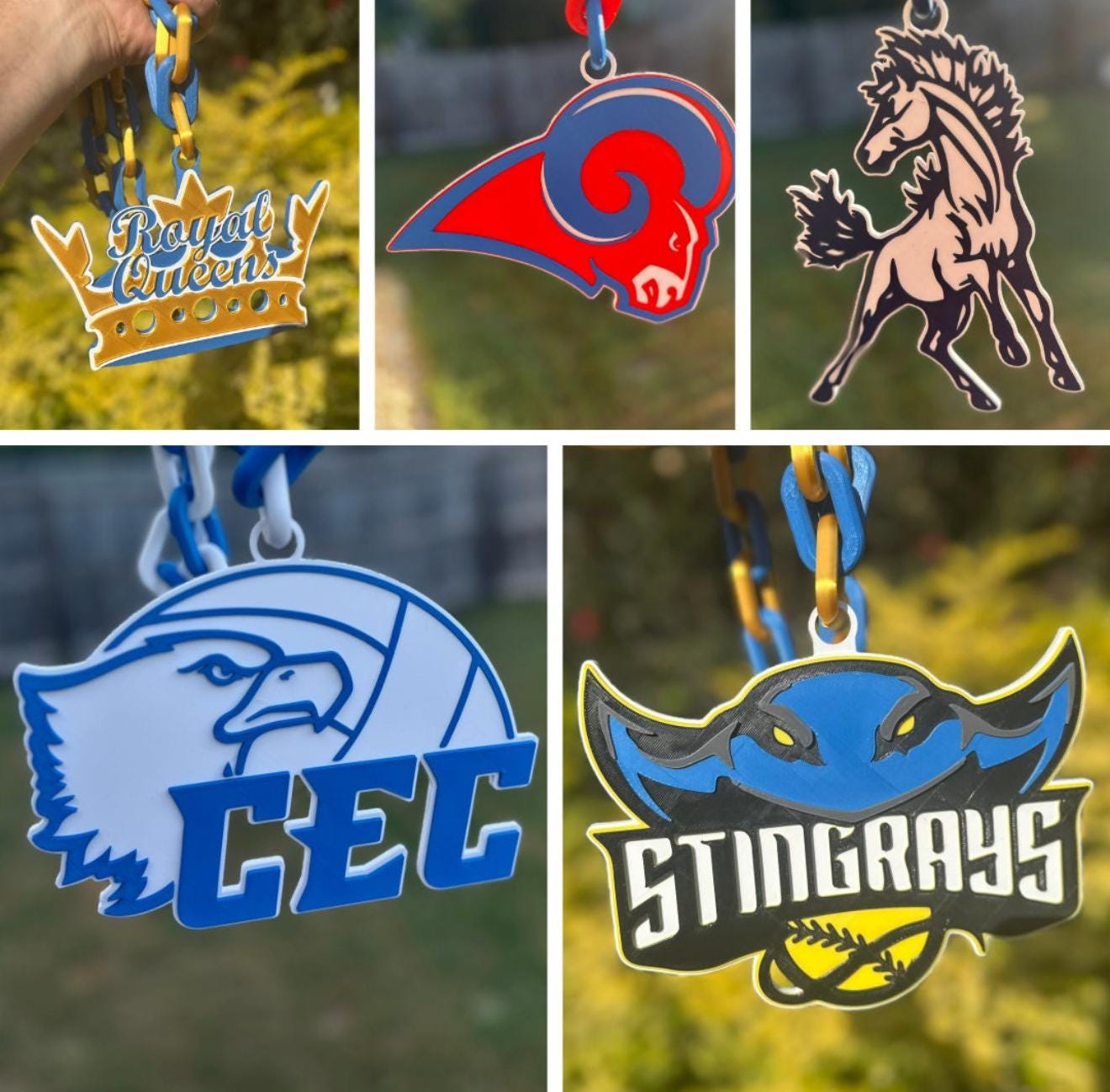a collage of different sports themed key chains