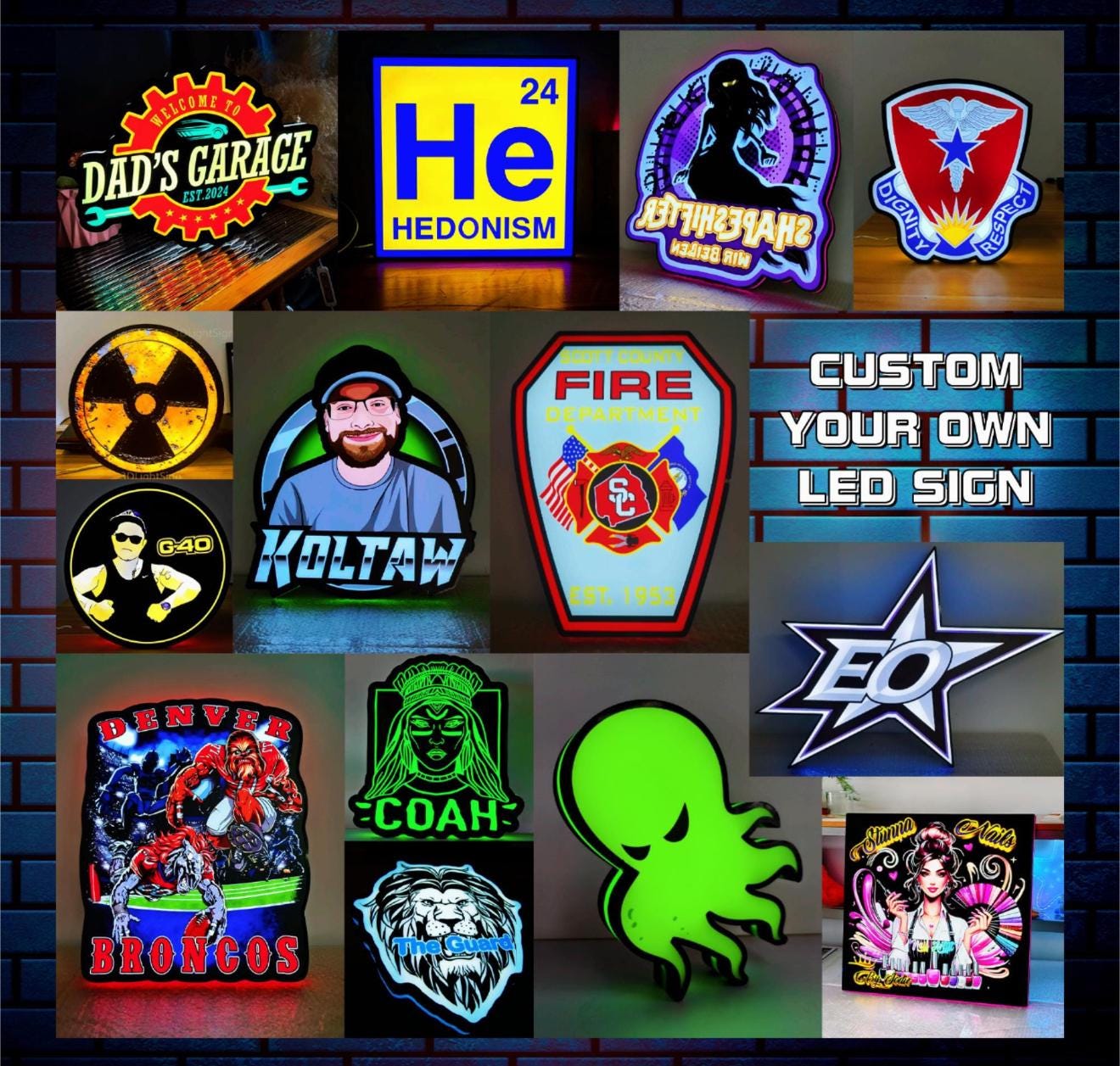 a bunch of neon signs that are on a wall