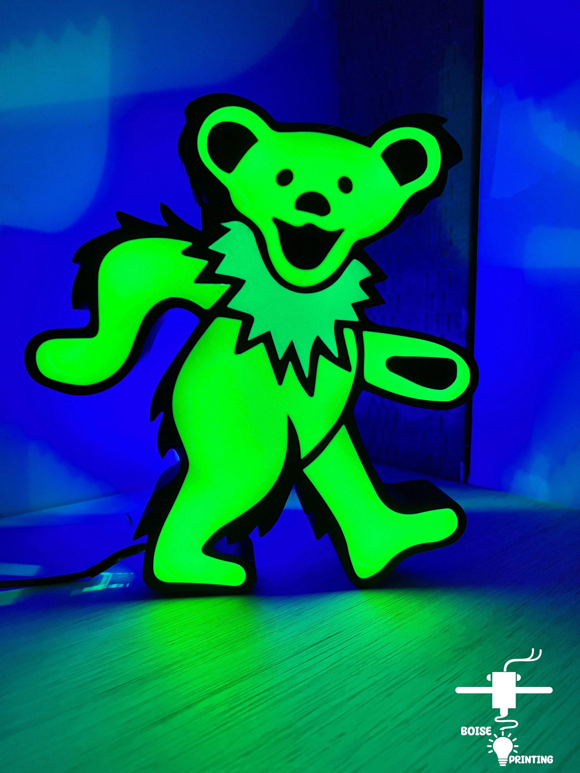 a neon green teddy bear standing on a wooden floor
