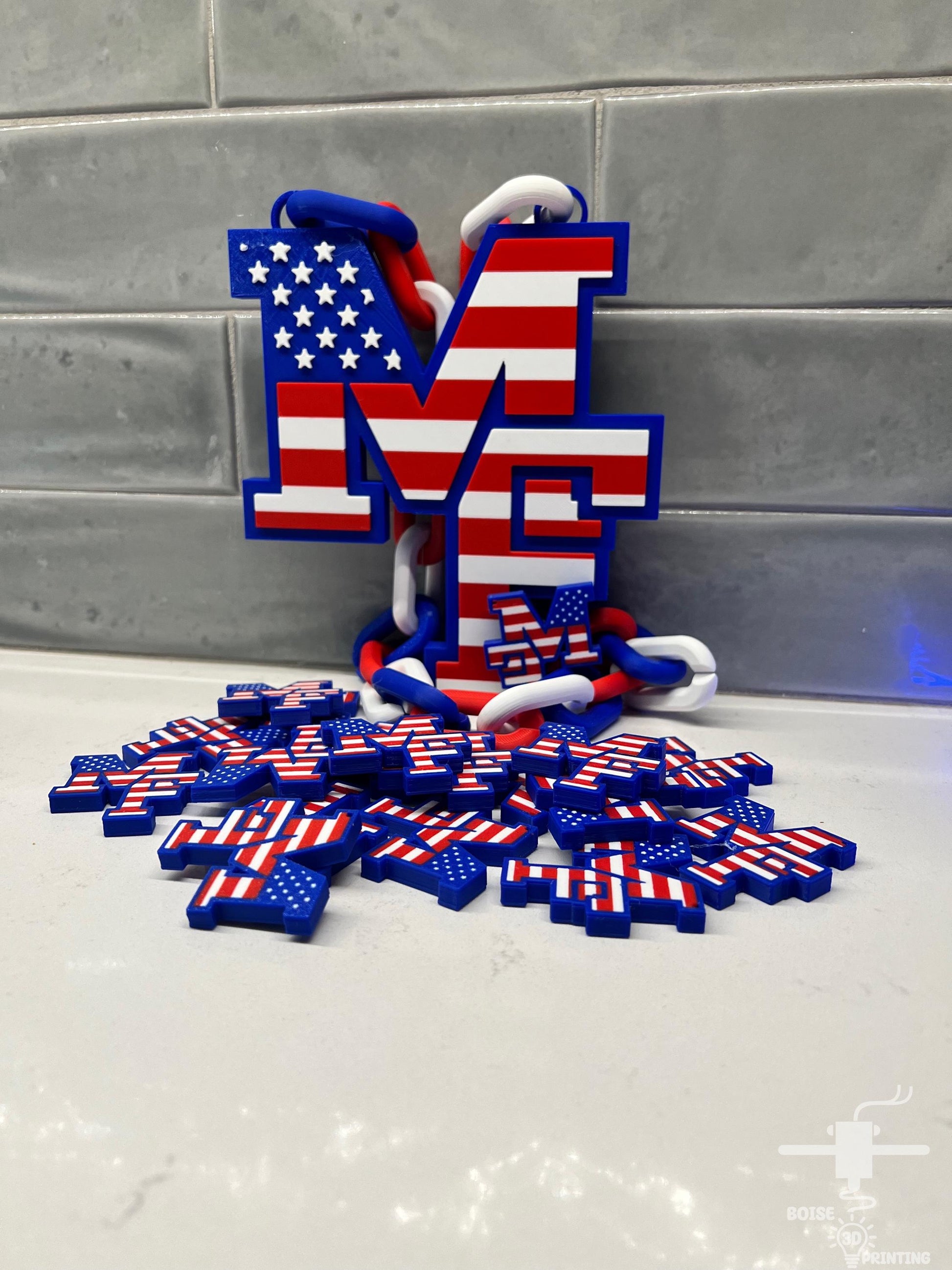 a number of red, white and blue decorations on a table