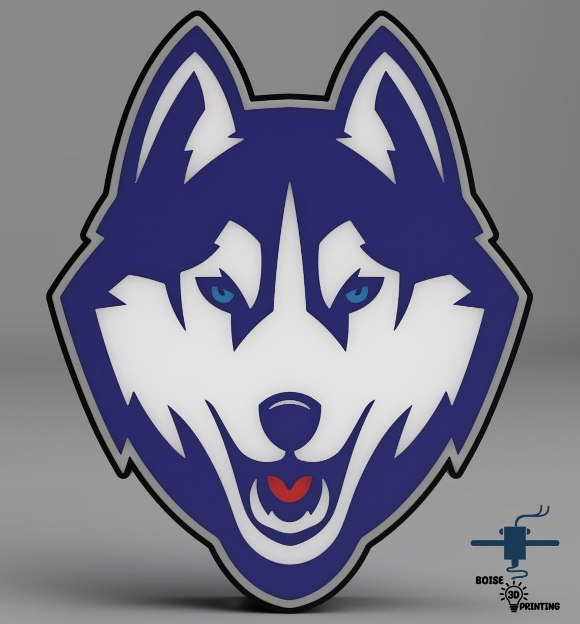 a blue and white wolf head with blue eyes